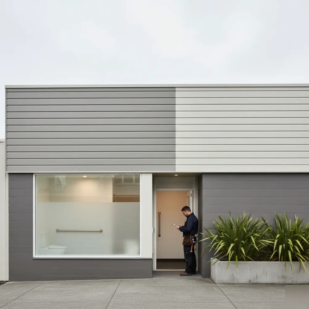 Tradesperson outside an Auckland commercial building where an accessible bathroom renovation has been completed inside.