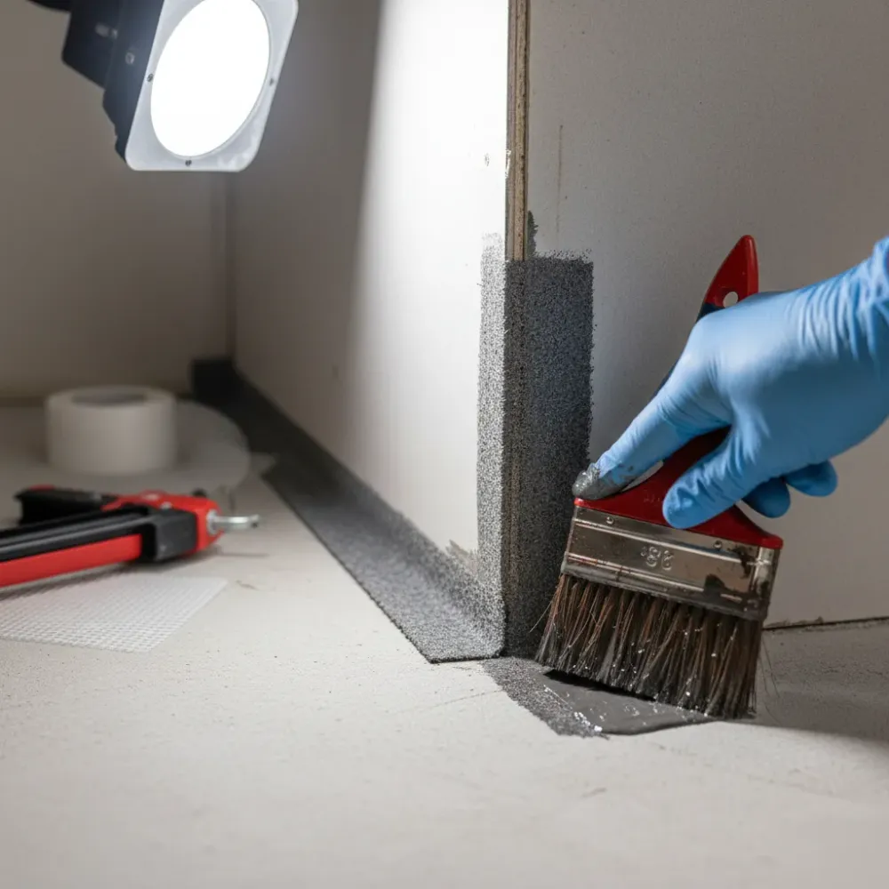Gloved hand applies waterproofing membrane into a floor-to-wall corner junction inside a small bathroom during renovation.
