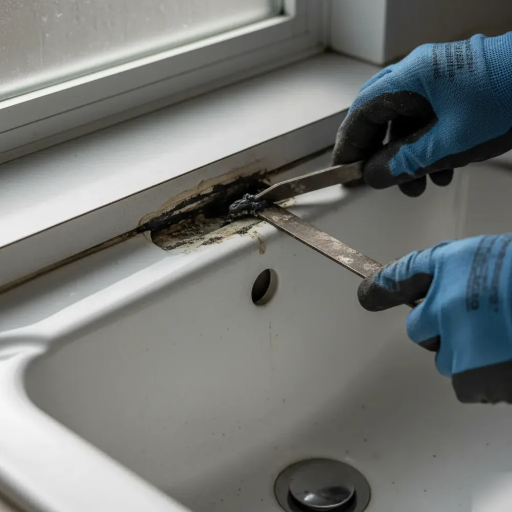 Close-up of cracked, mould-stained sealant being removed from a deteriorating commercial bathroom basin in Auckland.
