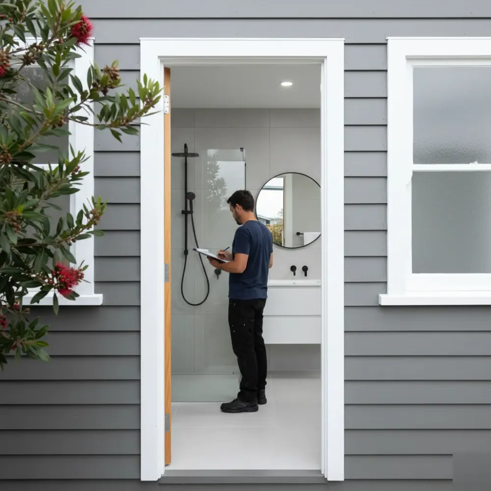 Tradesperson reviews plans inside a renovated ensuite of an Auckland weatherboard home viewed through an open exterior d.