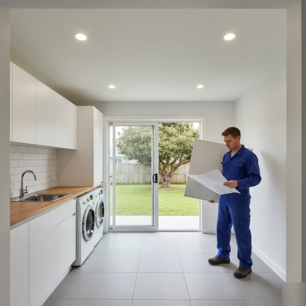 Tradesperson carries cabinet panels into a laundry room of an Auckland weatherboard home with a pohutukawa tree visible