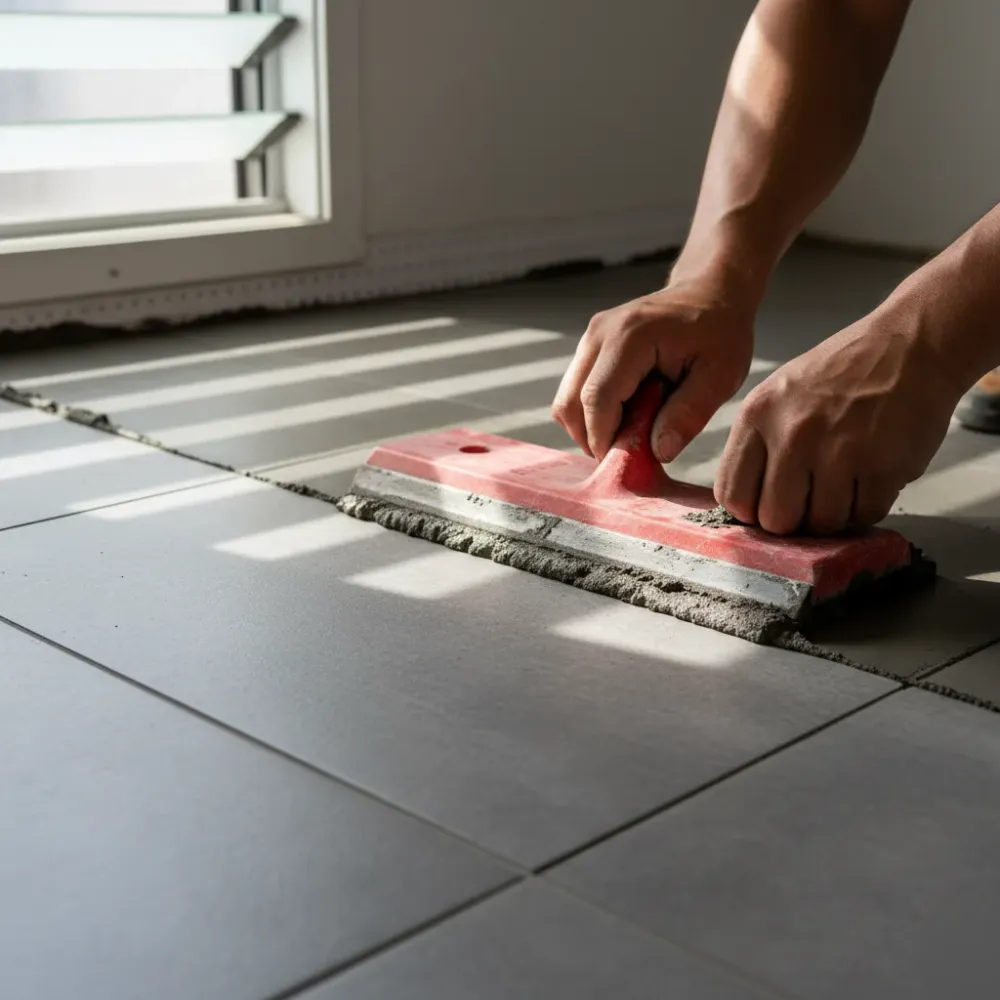 Hands pressing a grout float across grey ceramic laundry room floor tiles during an Auckland laundry renovation.