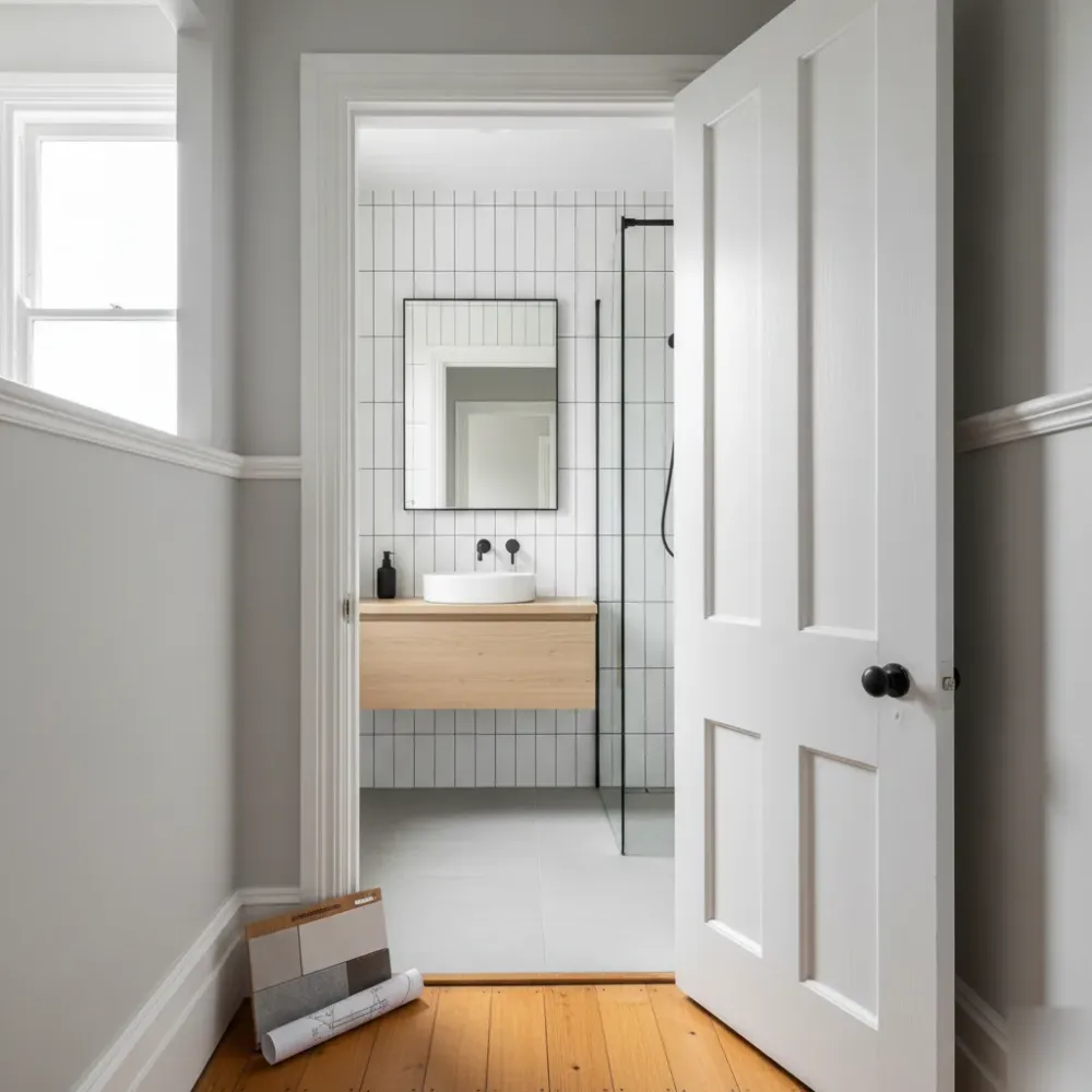 View through an open hallway door into a renovated small bathroom inside an Auckland weatherboard villa with new white tiles.