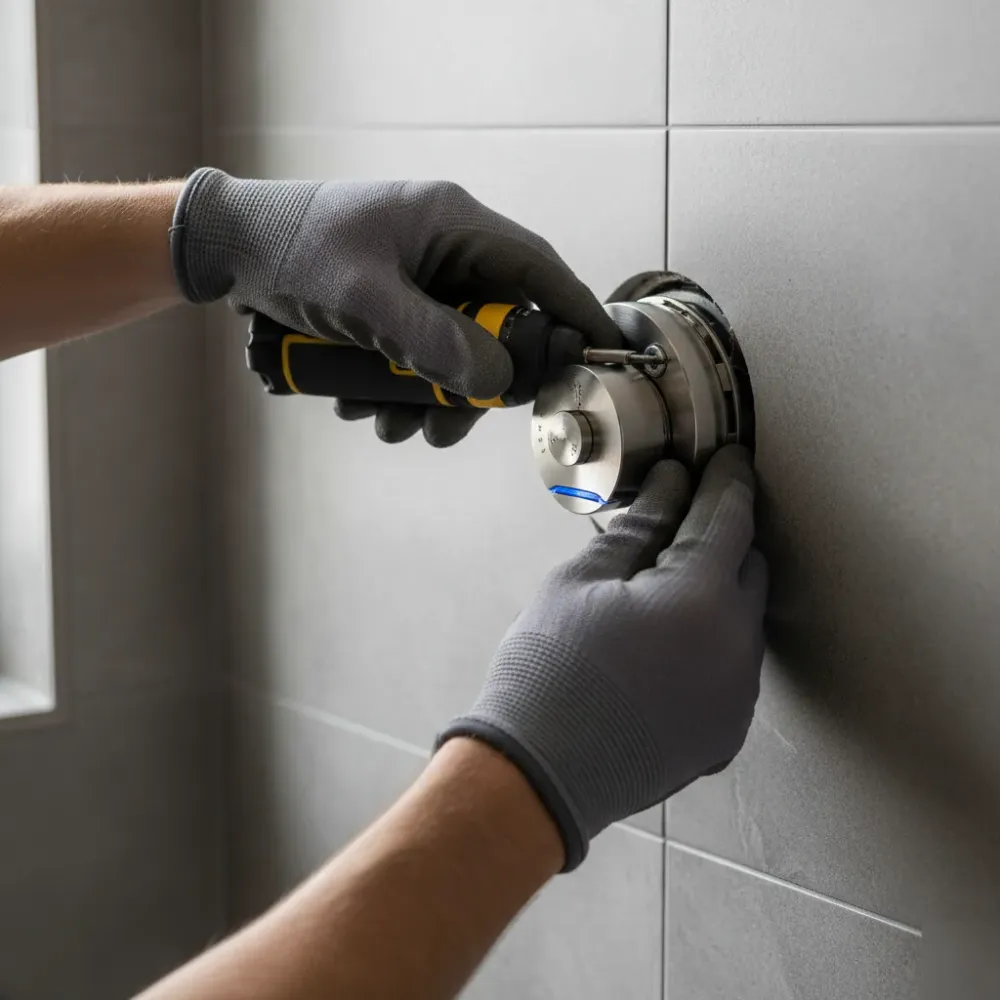 smart-thermostatic-shower-valve-installation-detail-auckland Hands fitting a brushed nickel thermostatic smart shower valve into a grey stone-look tiled wall recess.