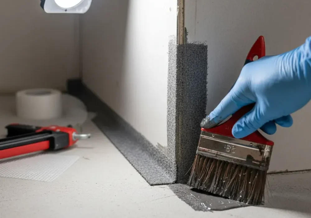 bathroom-waterproofing-membrane-corner-application-auckland A gloved hand applies waterproofing membrane into a floor-to-wall corner junction inside a small bathroom during renovation.