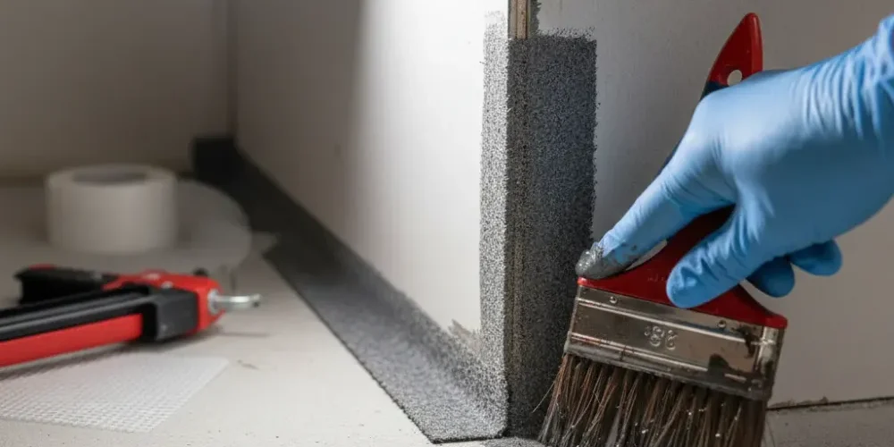 bathroom-waterproofing-membrane-corner-application-auckland A gloved hand applies waterproofing membrane into a floor-to-wall corner junction inside a small bathroom during renovation.