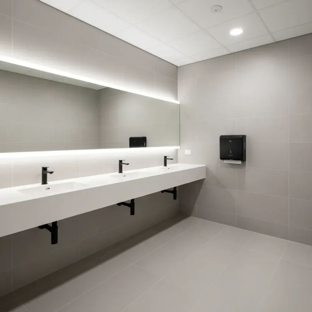 completed-commercial-bathroom-renovation-result-auckland A fully renovated commercial bathroom with wall-hung basins, matte black tapware, and grey porcelain tiles in Auckland.