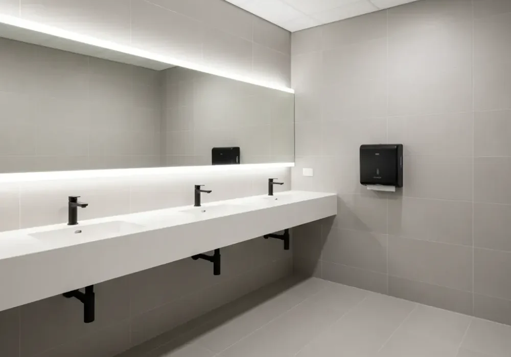 completed-commercial-bathroom-renovation-result-auckland A fully renovated commercial bathroom with wall-hung basins, matte black tapware, and grey porcelain tiles in Auckland.