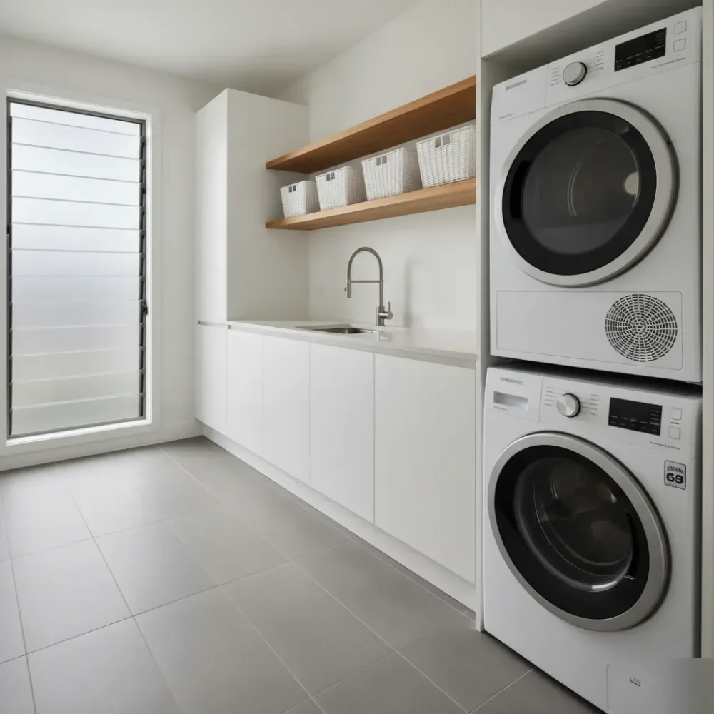 completed-laundry-renovation-result-auckland-nz Completed laundry room renovation in Auckland showing white cabinetry, undermount sink, and stacked appliances in a tiled space.
