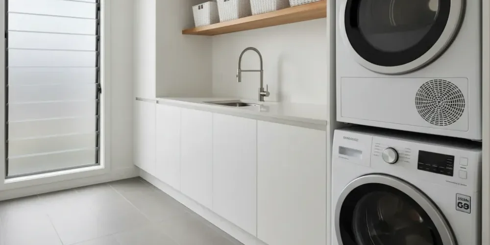completed-laundry-renovation-result-auckland-nz Completed laundry room renovation in Auckland showing white cabinetry, undermount sink, and stacked appliances in a tiled space.