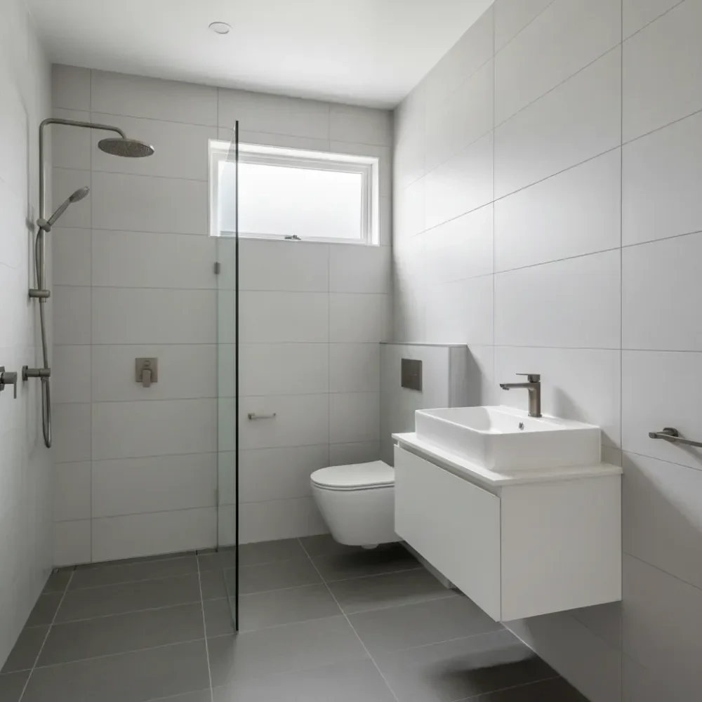 completed-small-bathroom-renovation-grey-tile-auckland A finished small Auckland bathroom with wall-hung toilet, floating vanity, frameless shower glass, and large-format grey tiles.