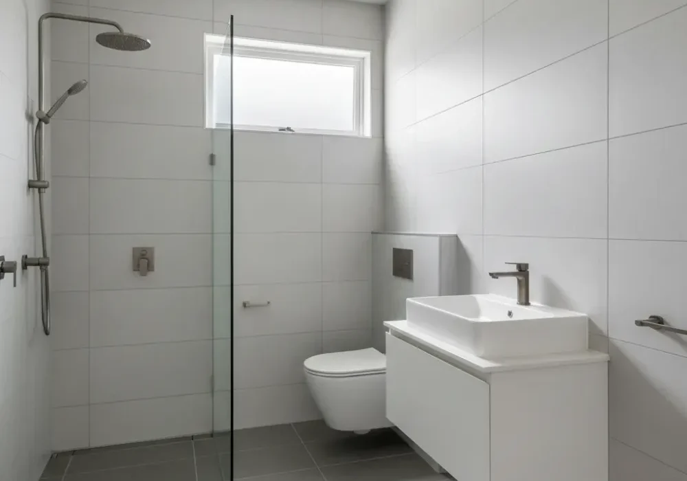 completed-small-bathroom-renovation-grey-tile-auckland A finished small Auckland bathroom with wall-hung toilet, floating vanity, frameless shower glass, and large-format grey tiles.