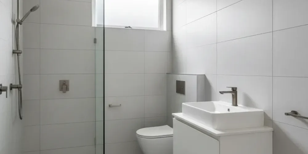 completed-small-bathroom-renovation-grey-tile-auckland A finished small Auckland bathroom with wall-hung toilet, floating vanity, frameless shower glass, and large-format grey tiles.