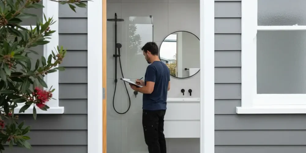 ensuite-renovation-auckland-weatherboard-home-exterior A tradesperson reviews plans inside a renovated ensuite of an Auckland weatherboard home viewed through an open exterior doorway.