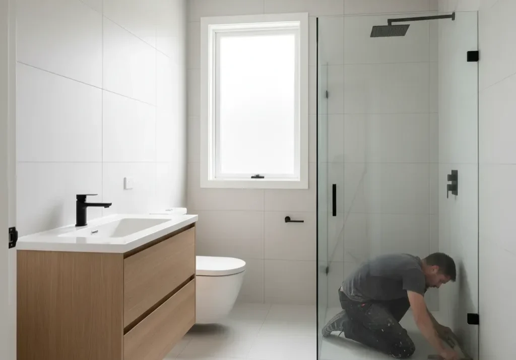 A tradesperson applying grout in a freshly tiled Auckland ensuite bathroom with matte black tapware and pale oak vanity.