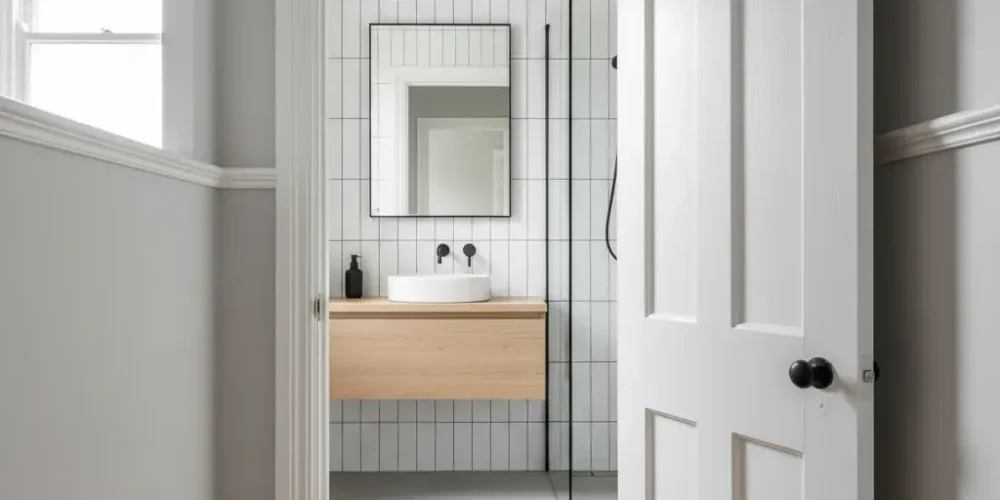 small-bathroom-renovation-auckland-villa-hallway-view View through an open hallway door into a renovated small bathroom inside an Auckland weatherboard villa with new white tiles.